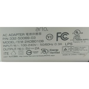 ADAPTADOR AC  ARLO / NUMERO DE PARTE 2ADB010B / 332-50069-03 / ENTRADA: 100-240V AC / SALIDA: 5V CD - 2A